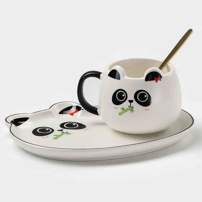 Чайная пара керамическая с ложкой «Панда», 2 предмета: кружка 180 мл, блюдце, 7557796