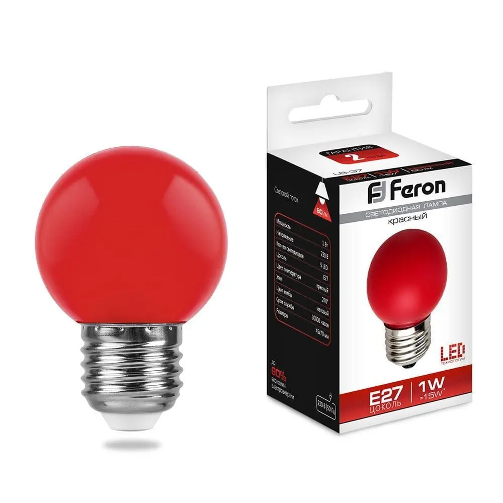 Лампа светодиодная Feron LB-37 Шарик E27 1W Красный 25116