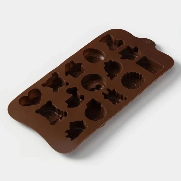 Фото для Форма для конфет и шоколада Доляна «Счастье есть», силикон, 21?11?1.5 см, 15 ячеек, коричневый