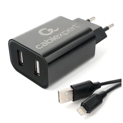 Фото для Зарядное устройство сетевое 2хUSB 2.4A Cablexpert MP3A-PC-36 черный + кабель 1м lightning