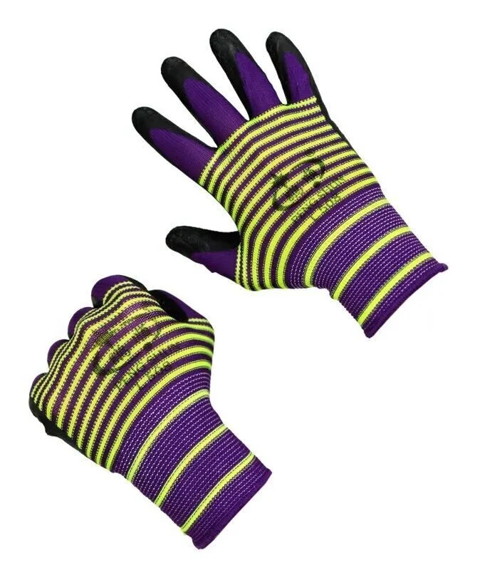 Перчатки защитные фиолетовые в полоску нейлоновые с черной ладонью