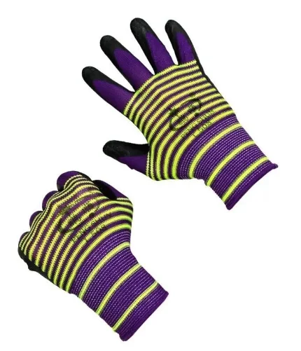 Фото для Перчатки защитные фиолетовые в полоску нейлоновые с черной ладонью