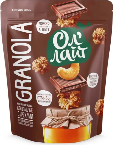 Фото для Мюсли Ол'лайт 280гр Шоколад/орехи медовые хрустящие*12