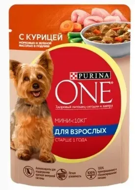 Purina ONE MINI м/п д/ взрослых собак, с курицей, морковью и зеленой фасолью в подливе 85 гр