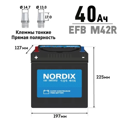 Фото для Аккумулятор Nordix M-42R/60B20R, 40Ач, CCA 400А, необслуживаемый, технология EFB