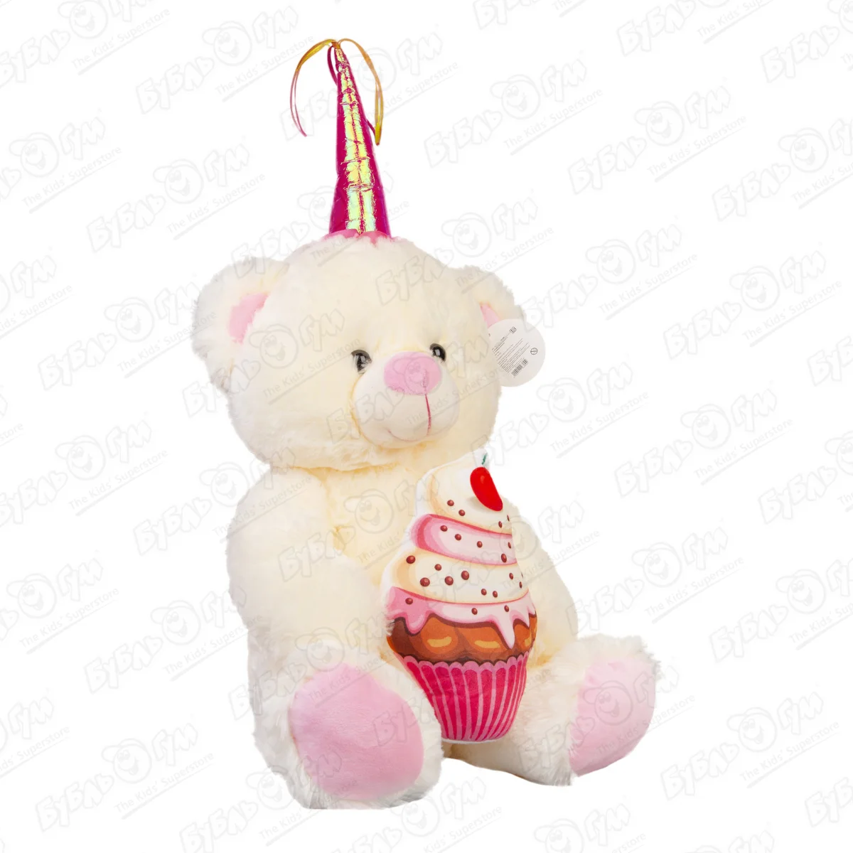 Игрушка мягкая медведь белый с колпаком и кексом розовым 61см