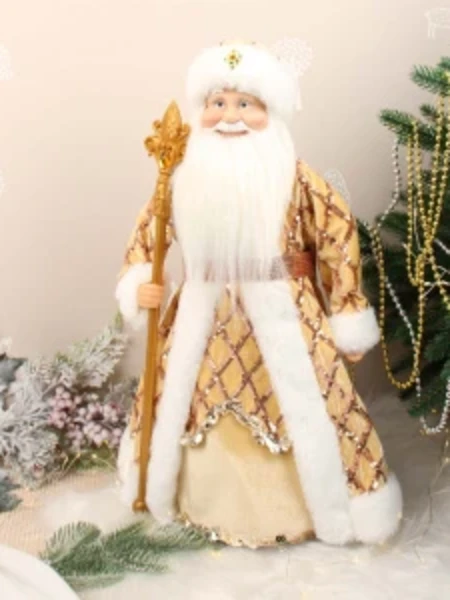 Фото для Фигурка декоративная Дед Мороз в золотистом пальто с пайетками текстиль 47см