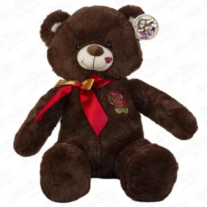 Игрушка мягкая медведь коричневый с розой и красным бантом