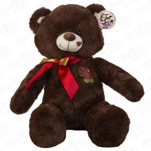 Фото для Игрушка мягкая медведь коричневый с розой и красным бантом
