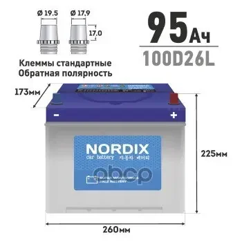 Фото для Аккумулятор 6ст- 95 А/Ч 100d26l Nordix Не Обслуж. 260x170x200 NORDIX арт. SMF100D26LNDX