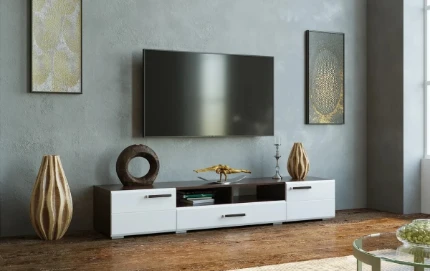 Фото для Нэнси NEW Тумба ТВ 2 дв.+1ящ. МЕТАЛЛ (Белый глянец холодный, Венге) МИФ