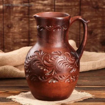 Фото для Кувшин крынка гладкая резная 3 л красная глина 1272539