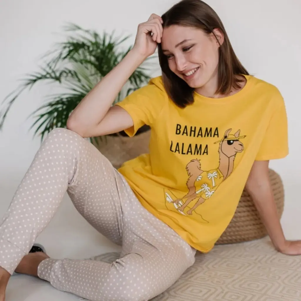Пижама женская брюки горох цвет бежевый футболка цвет желтый