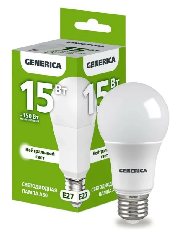 
Лампа светодиодная А60 груша 15Вт 230В 4000К Е27 GENERICA