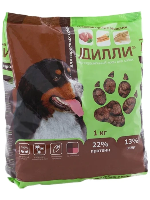 
Корм сухой д/собак ДИЛЛИ ГОВЯЖИЙ ГУЛЯШ С ОВОЩАМИ 1кг